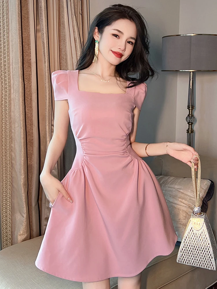 Sweet Elegant Mini Dress for Women Pink Black Bubble Sleeve Pleate A-line Swing Short Gown Girl Party Street Club Vestido Mujer