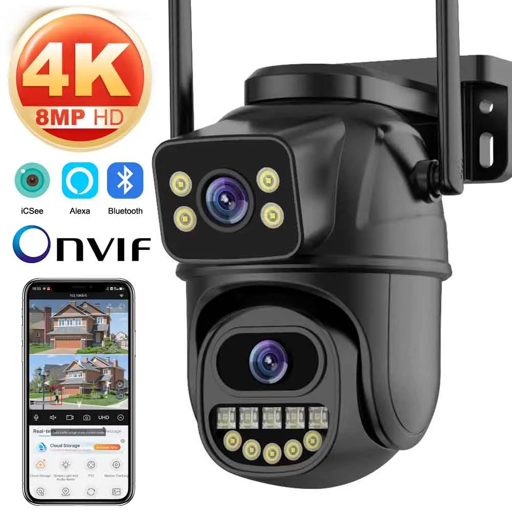 4K 8MP WiFi Surveillance Camera, Dual Lens, 4X Digital Zoom, AI Human Detect, ONVIF, Outdoor Security PTZ IP Cameras,