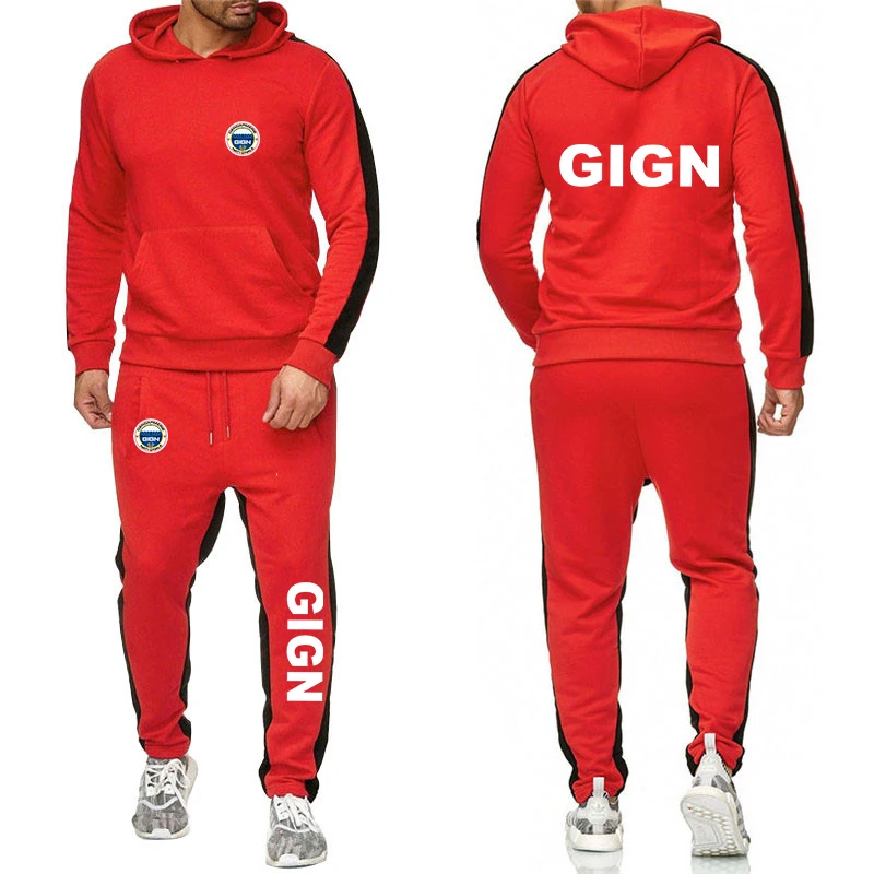 Heren Frankrijk Gendarmerie Gign Herfst Effen Kleur Capuchon Sweatshirt Pak 2-delige Set Sportieve Joggingbroek Casual Stijl Set