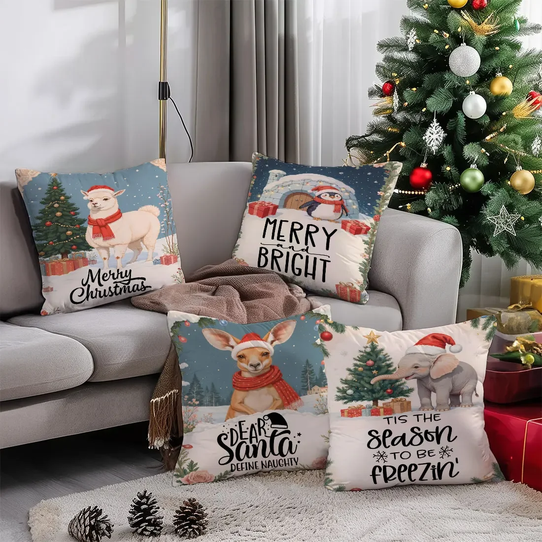 Funda de almohada navideña de 45cm, pingüino navideño, elefante kanguro, "Merry Christmas" para decoración de funda de cojín