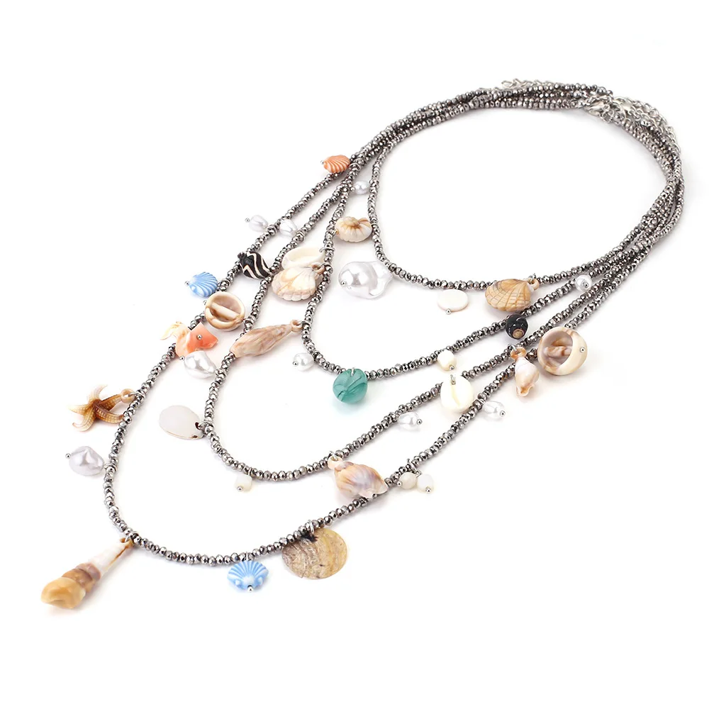 2026 Mehrschichtige handgefertigte Perlen-Muschel-Wasserfall-Quasten-Halsketten für Frauen Boho-Schmuck Sommer-Halsaccessoires – Detail 5