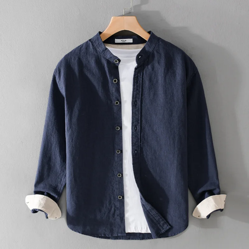

9896 High Quality Men Cotton Linen Casual Shirt Simple Solid Color Stand Collar Long Sleeve Basic Blouse Healthy Cozy Daily Tops
