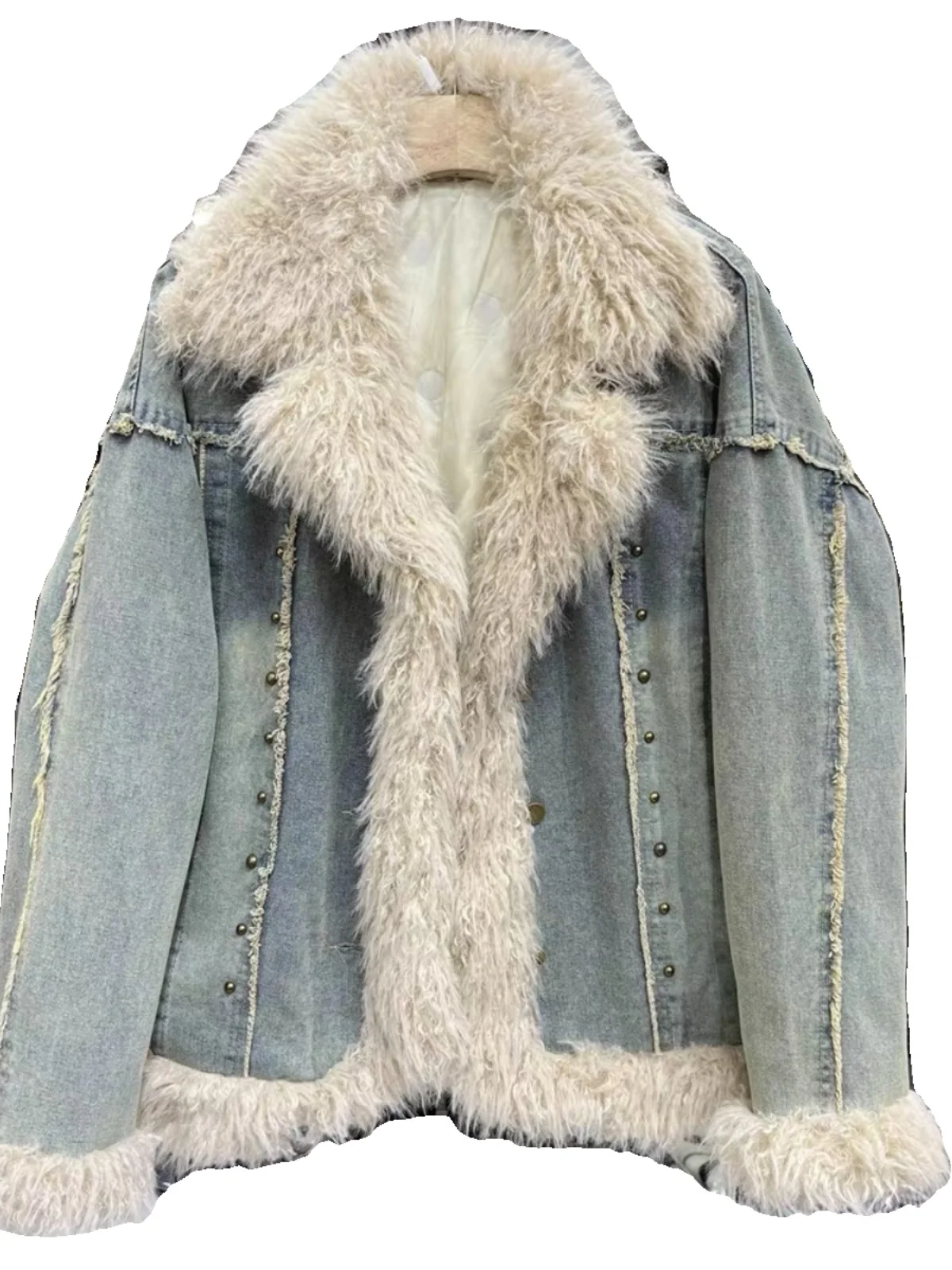 American Retro Lamb Fur Denim Patchwork Women's Winter Thiened Cotton Jaet Loose Fit Long Sve  Collar Coat