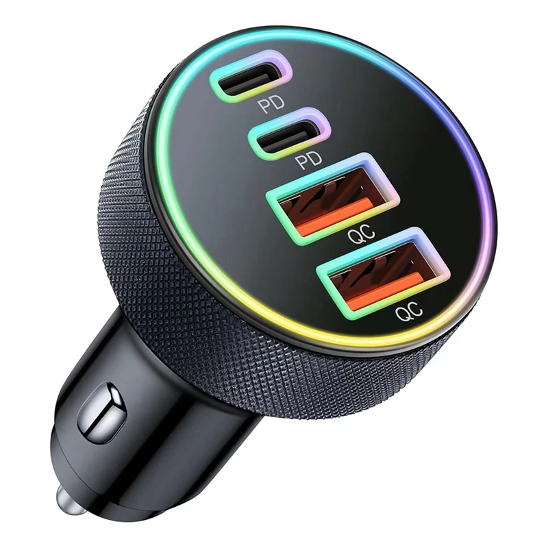 USB C Car Charger, 4-Port 90W Dual USB-C & USB-A Car Charger Adapter With Light PD/QC Multi Port Fast Charging Adapter