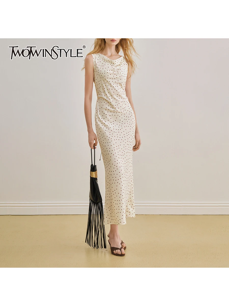 TWOTWINSTYLE Einfarbiges, gepunktetes, schlankmachendes Midikleid für Damen, Rundhalsausschnitt, ärmellos, Patchwork, Reißverschluss, Kleider, Damenmode