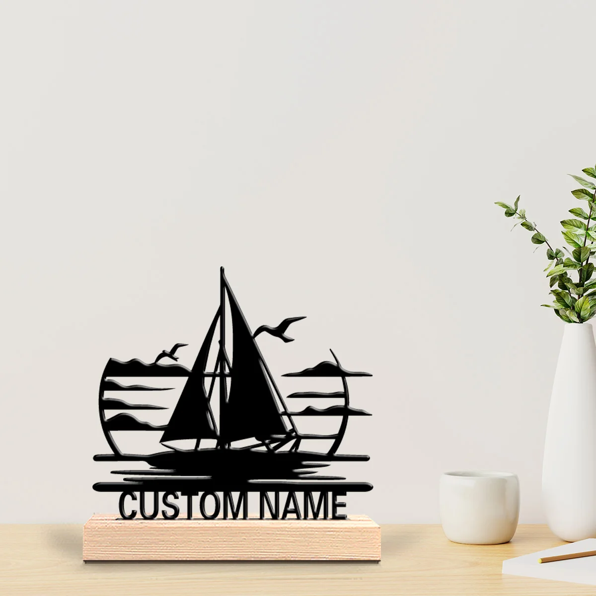 1 pièce, joli ornement en fer avec vue sur la mer, texte personnalisé, statue en étain, artisanat artistique avec base en bois, statue en métal pour la décoration de la maison ou du bureau