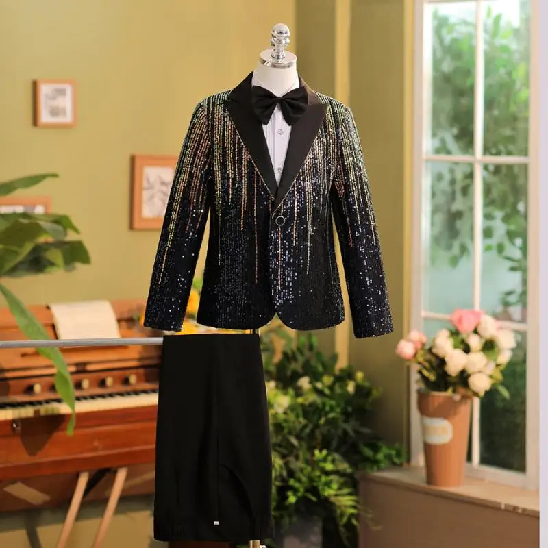 New Children's Sequins Prom Suits Wedding Birthday Party Host Piano Performs a Walk Show Tuxedo Boys Blazer Sets A4103 Vestidos