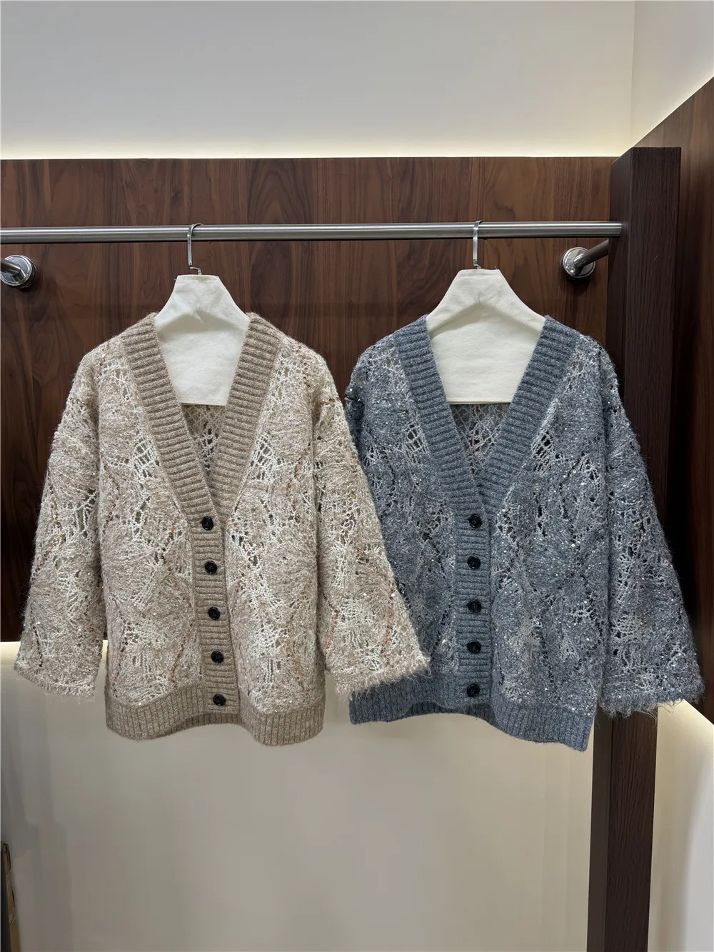 2026 New Collection Women's Sequin Hollow-Out Mohair Wool Knitted Long-Sleeve Cardigan
