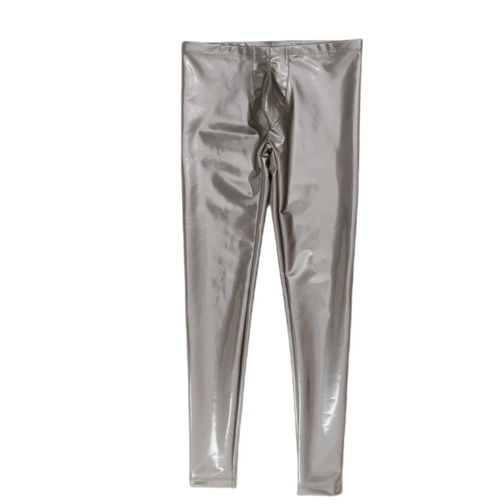 Men Shiny PU Faux Latex Skinny Pants 3D Pouch Bulge Glossy Patent Leather Elastic Tight Long Trousers Club Stage Cosplay Bottoms