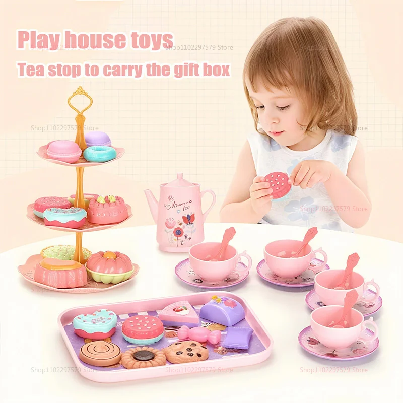 Juego de simulación de tiempo de té de la tarde para niña pequeña, juguete de cocina con postres falsos, Donuts, galletas y taza de té, regalo de juego de rol de princesa