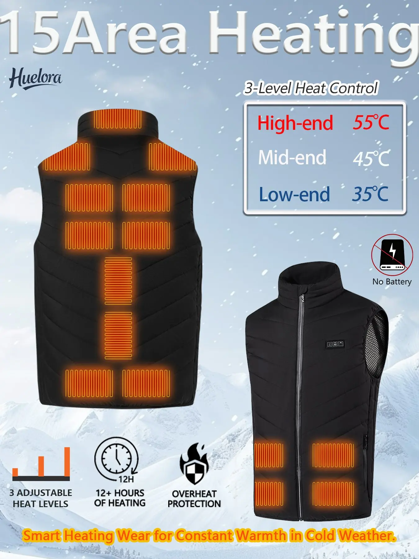 Huelora 15 Zones Heated Vest USB Electric Heating Waistcoat Men Women Winter Warm Gilet for Fishing Skiing,3 Temperature Levels