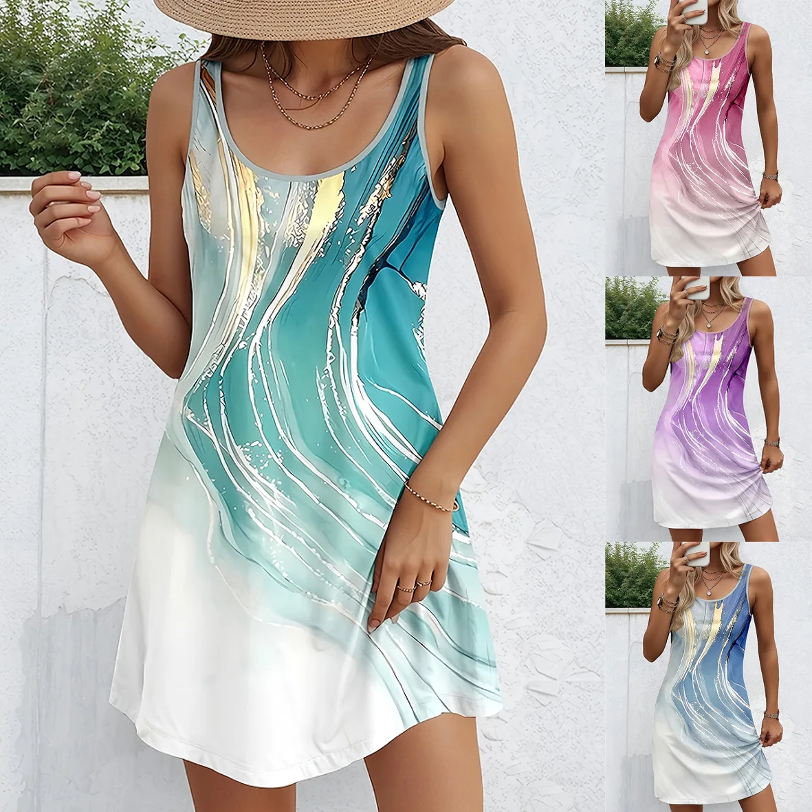 

2025 Summer Water Wave Print Mini Dress Women's Casual Sleeveless A-Line Shift Dress Breathable Vacation Sundress Holiday Robes
