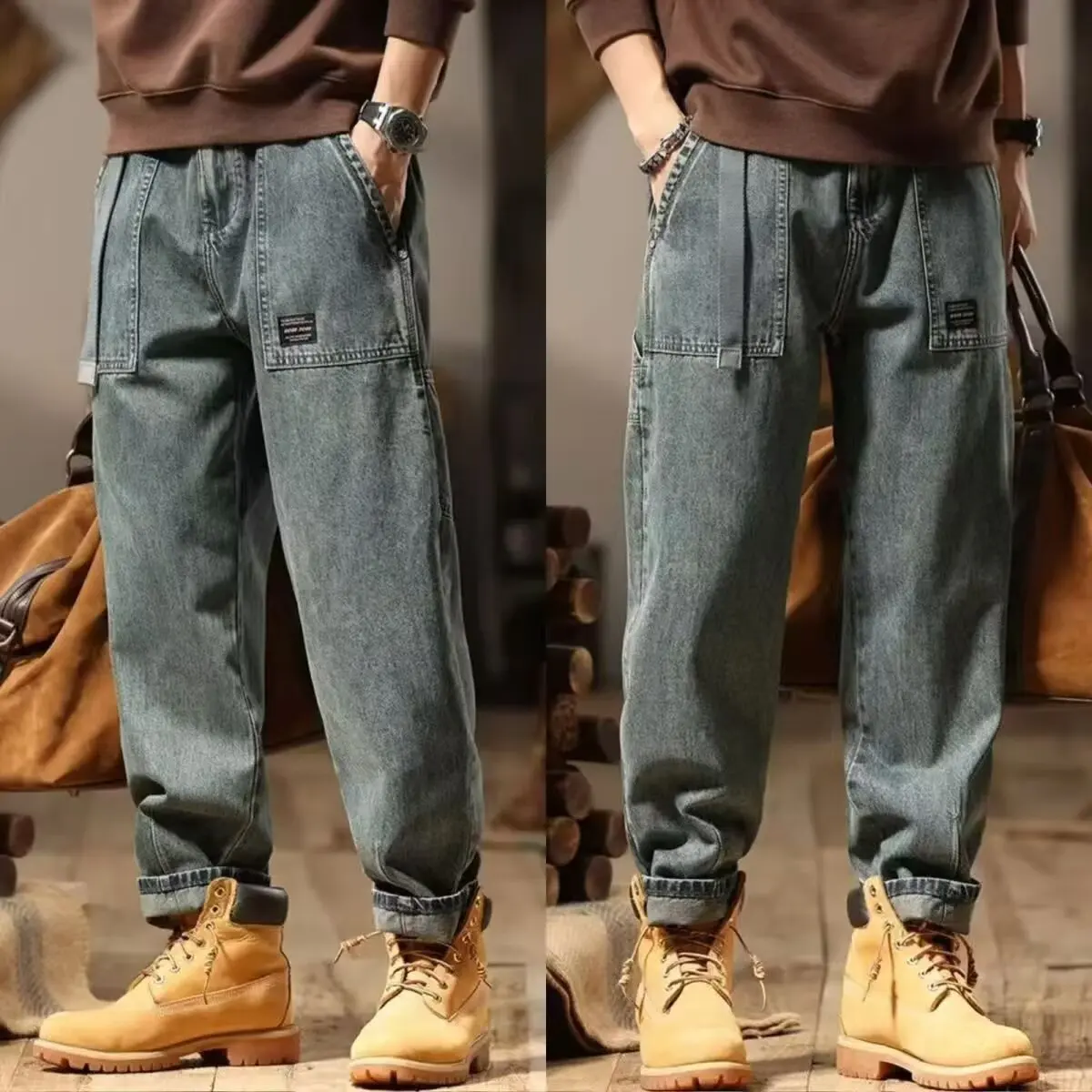 ملابس العمل الرجالية الجينز فضفاضة تناسب عادية الأمريكية الرجعية الخريف الشتاء ular ارتداء مقاومة مستقيم الساق سراويل قطنية