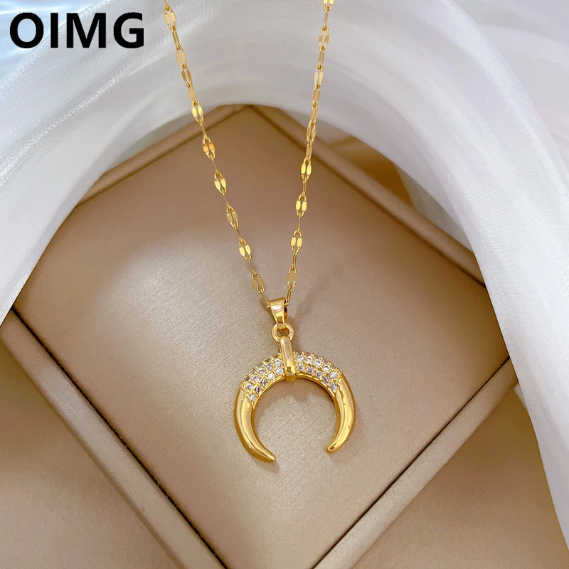 OIMG 316L Stainless Steel Gold Color Necklaces For Women Korean Fashion Moon Shaped Pendant Clavicle Chain Jewelry 2023