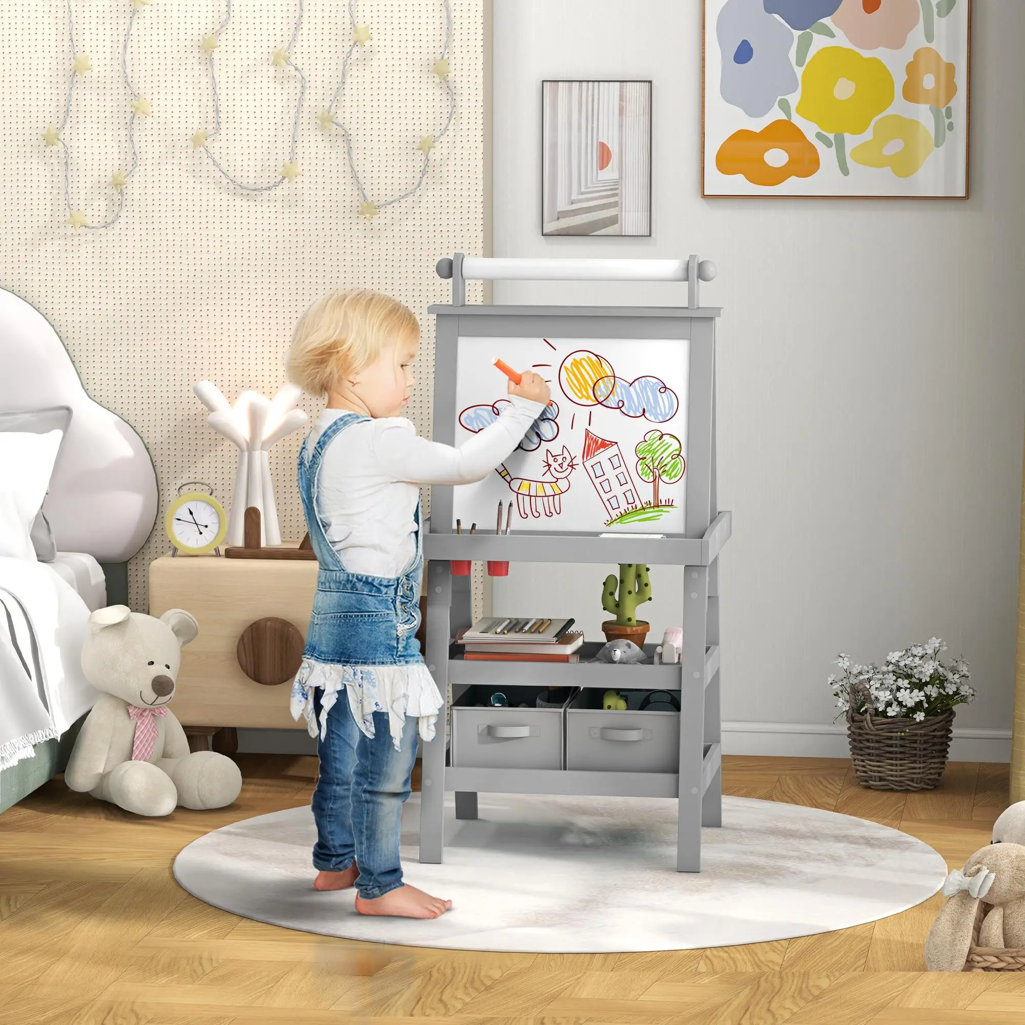 Chevalet enfant 3-en-1 AIYPLAY avec tableau d'affichage, tableau blanc magnétique, rouleau de papier et paniers de rangement Gris
