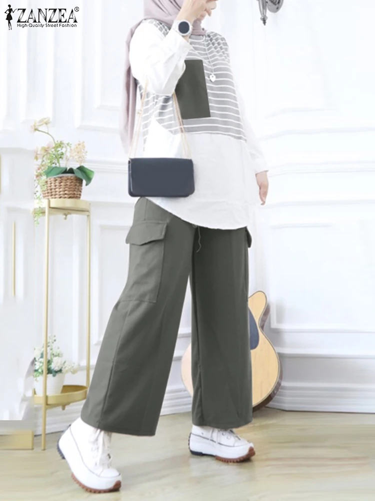 Vintage Patchwork Matching Sets Muslim Hijab Tracksuits ZANZEA Spring Women Blouse Wide Leg Pants Sets IsIamic Outfits Oversize