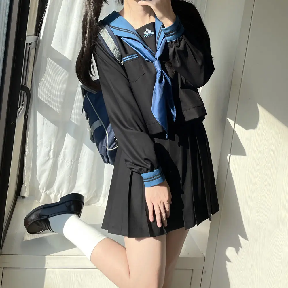 Uniforme giapponese Black Sailor Outfit Blue Tie coreano High School JK Uniform Set Seifuku Sailor Suit Student Cosplay Leated Skirt