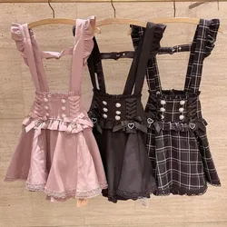 Falda de tirantes corta extraíble con Lazo de cinta Lolita gótica japonesa, hebilla de perla de diamante, Mini faldas de línea a de encaje lindo dulce para niñas