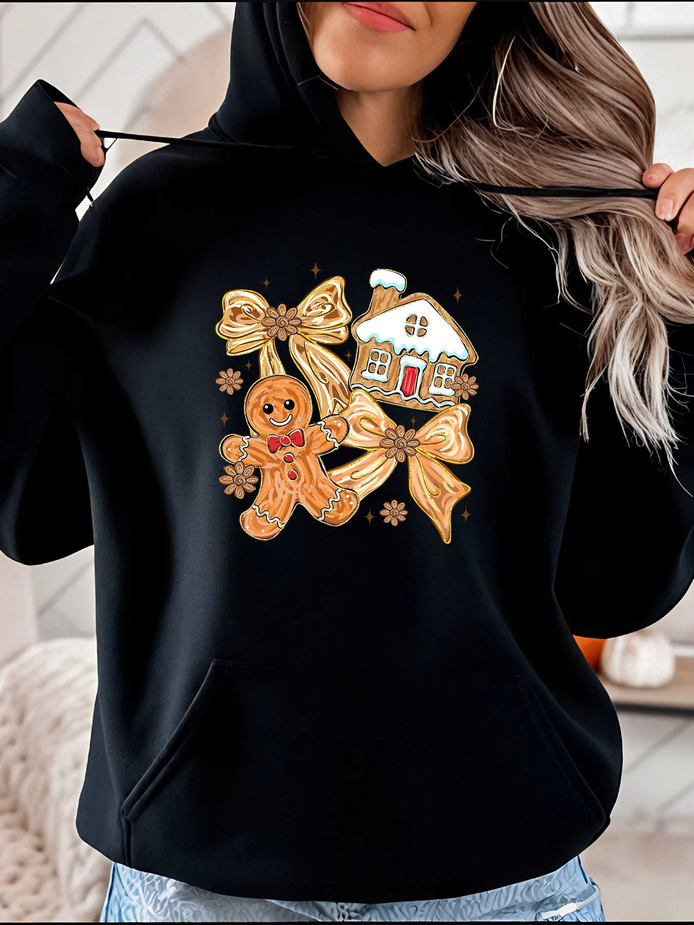 

Рождественская толстовка с капюшоном Gingerbread Man House с принтом, женская повседневная зимняя толстовка, женский праздничный наряд