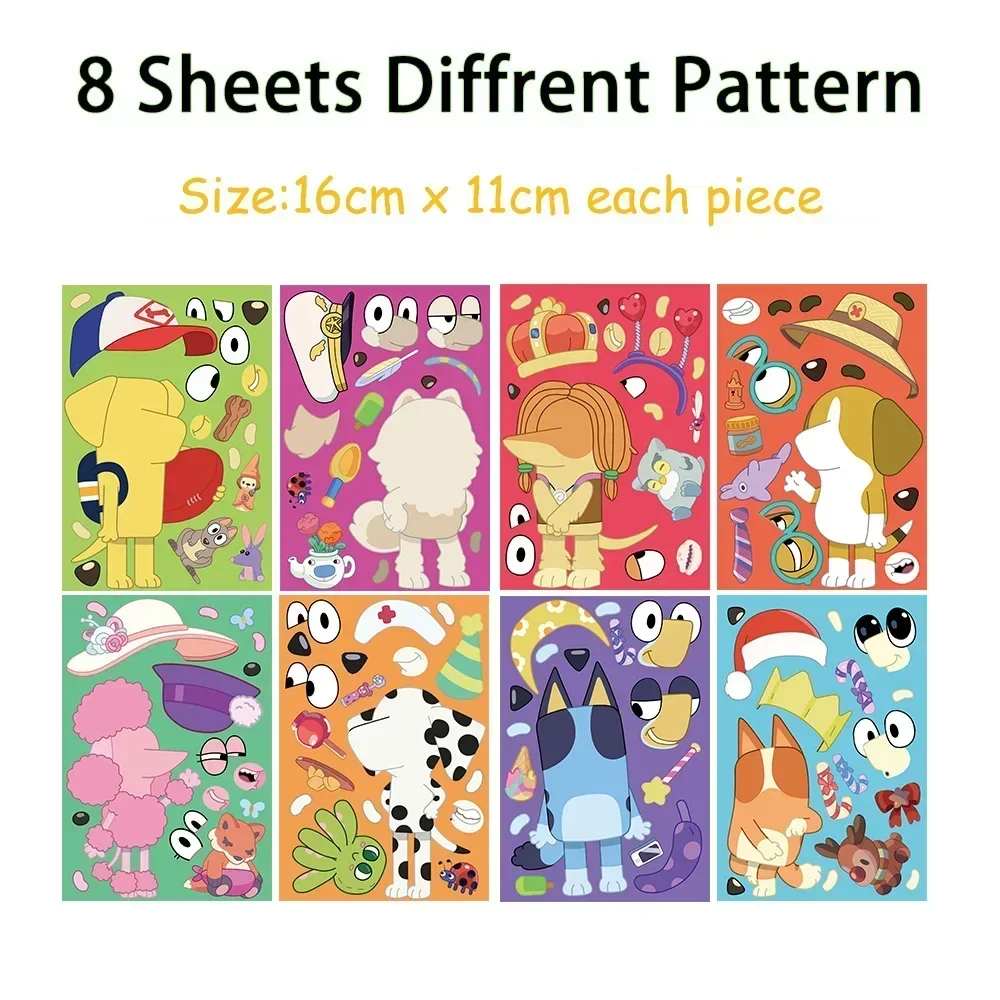 8/16Sheets Cartoon B-Bluey Stickers Bingo Dog Anime Decals Make A Face Diy Decoration Stickers Children Puzzle Education Toys