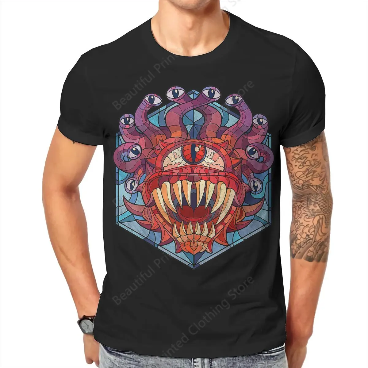 DND Game Men Women  Fashion T-shirt Beholder Stained Glass Funny Printing T-shirts Fashion Loose Tops Street Short Sleeve