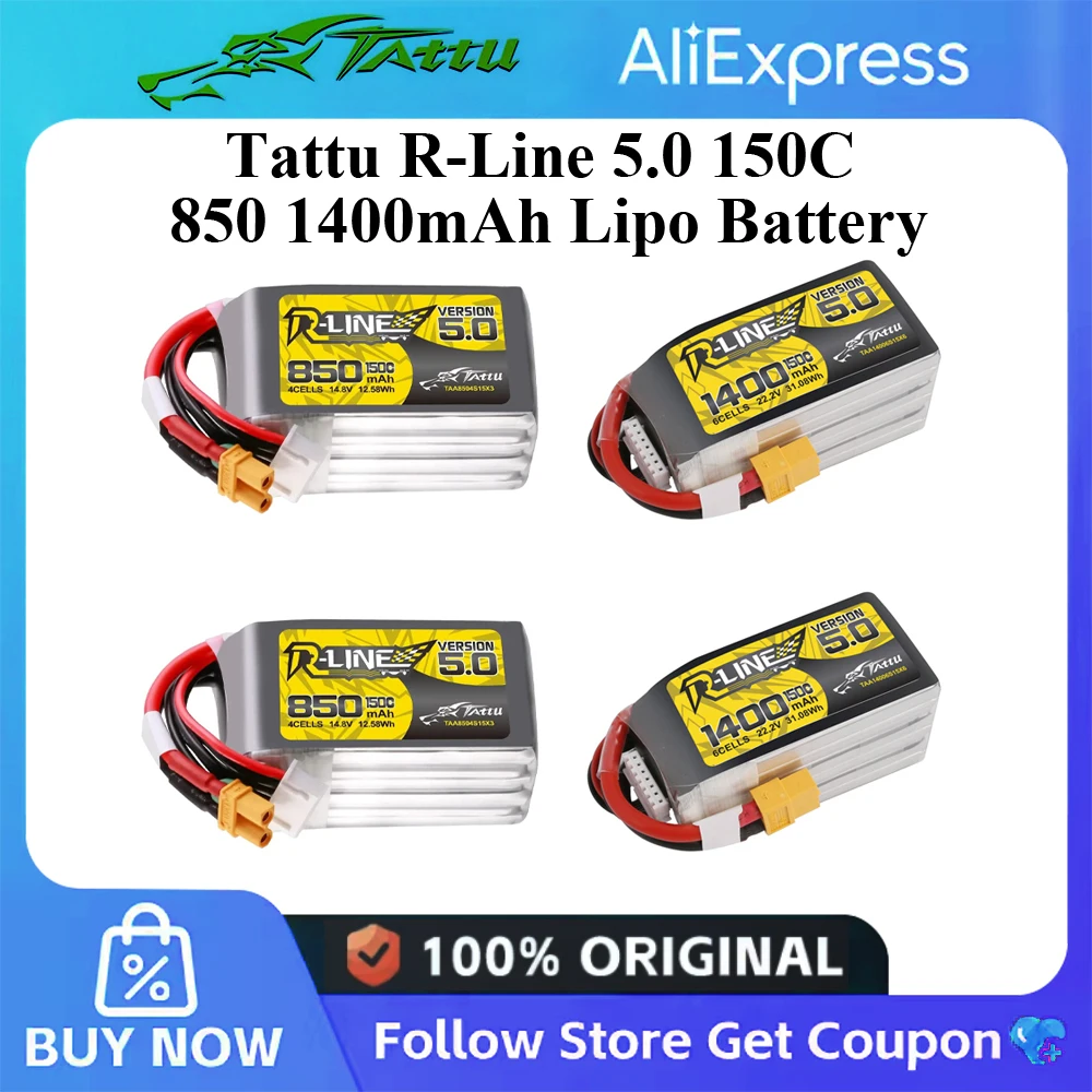 

Tattu R-Line 5.0 150C 850 1400mAh Lipo Battery 4S/6S XT30 XT60 Plug FPV Racing Drone RC Quadcopter