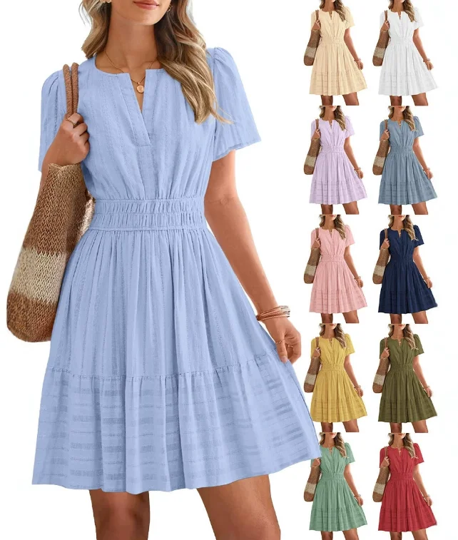 Spring/Summer Fashion V-Neck Pleated Bubble Sleeve Layered Skirt Dress Women's Elegant Casual Trans-seasonal Clothing