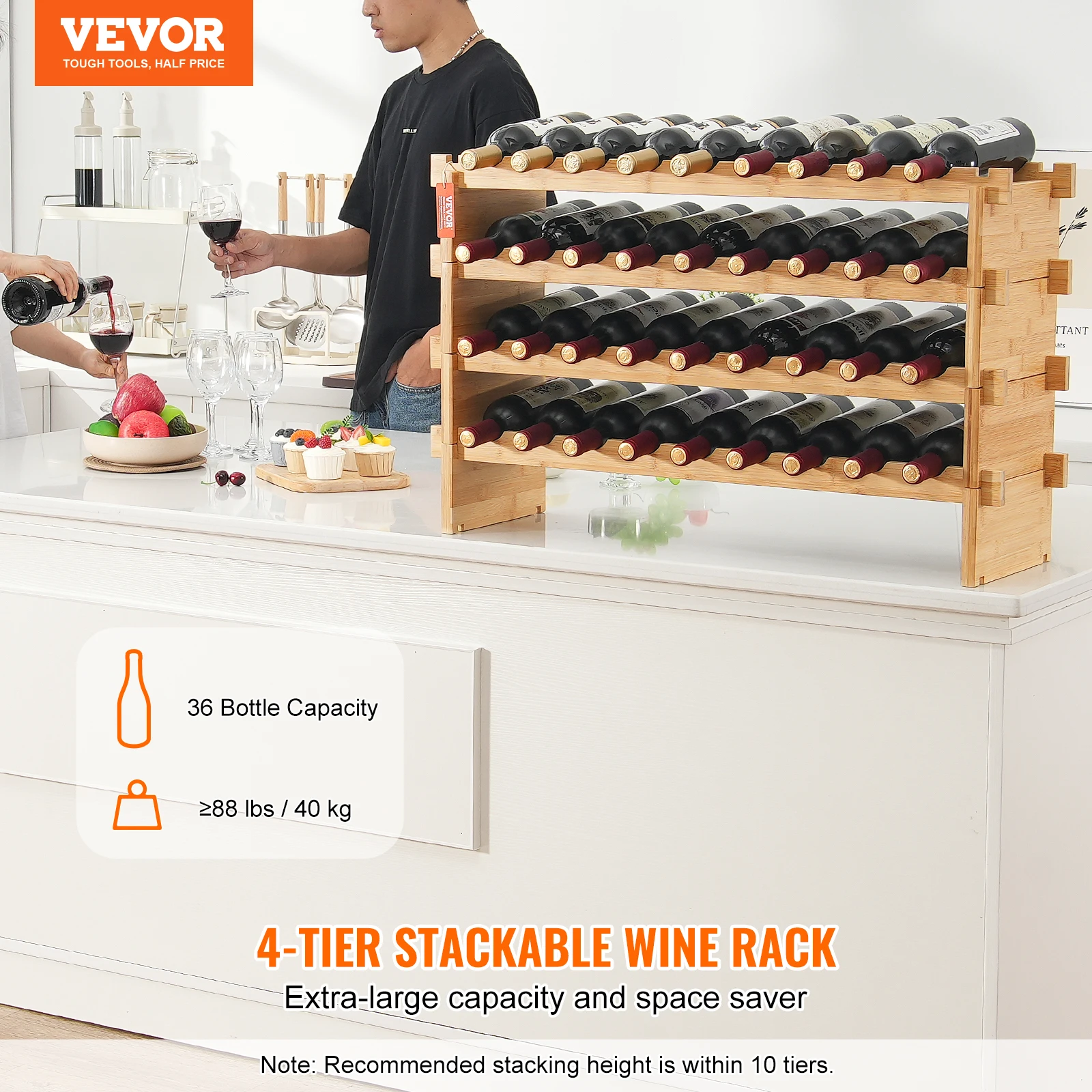 VEVOR 36 Bottle Stackable Modular Wine Rack 4-Tier Solid Bamboo Wood Storage Racks Floor Freestanding Wines Holder Display Shelf