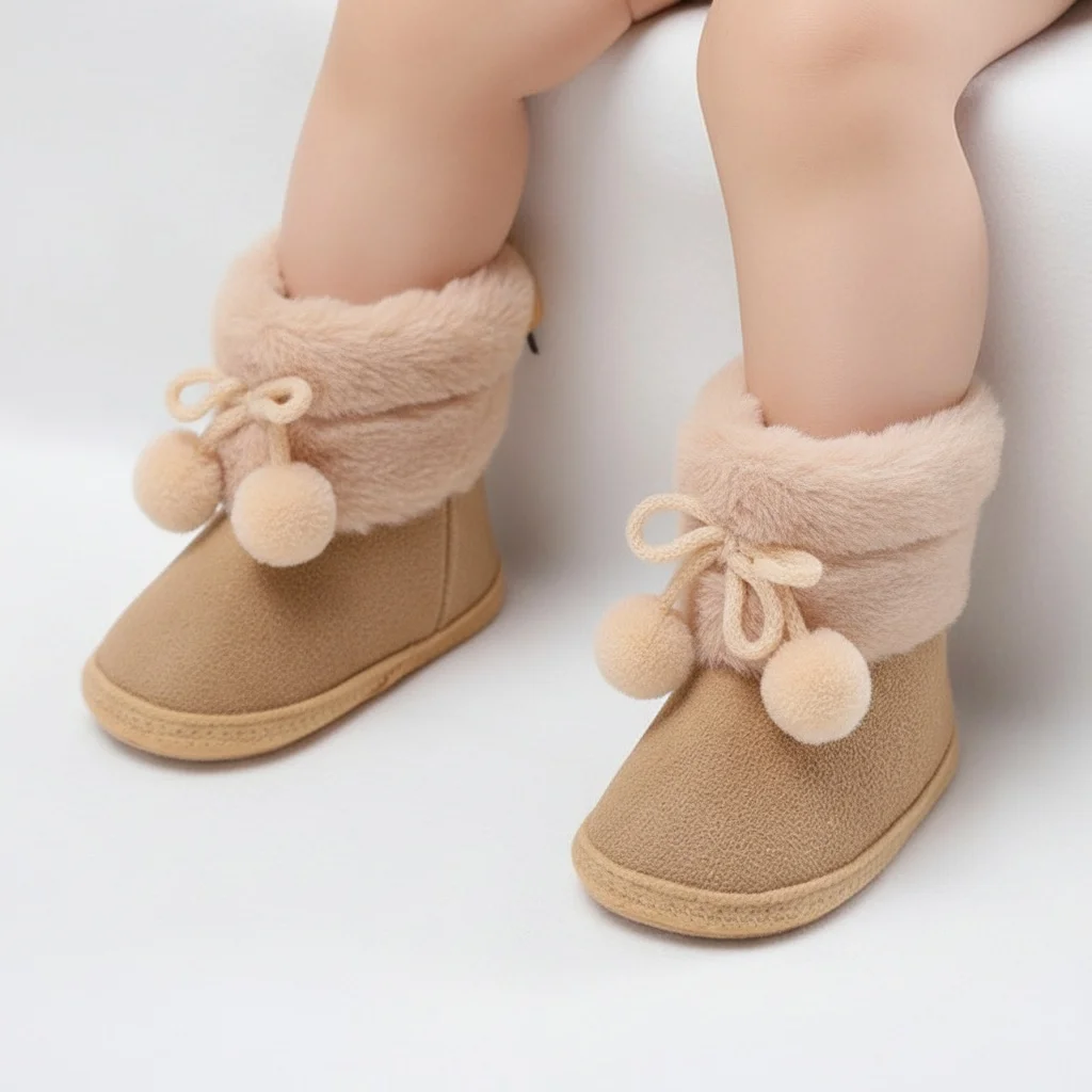 

Зимние зимние детские сапоги для новорожденных, первые ходунки, теплая обувь для девочек и мальчиков, теплые зимние пинетки на мягкой подошве с пушистыми шариками