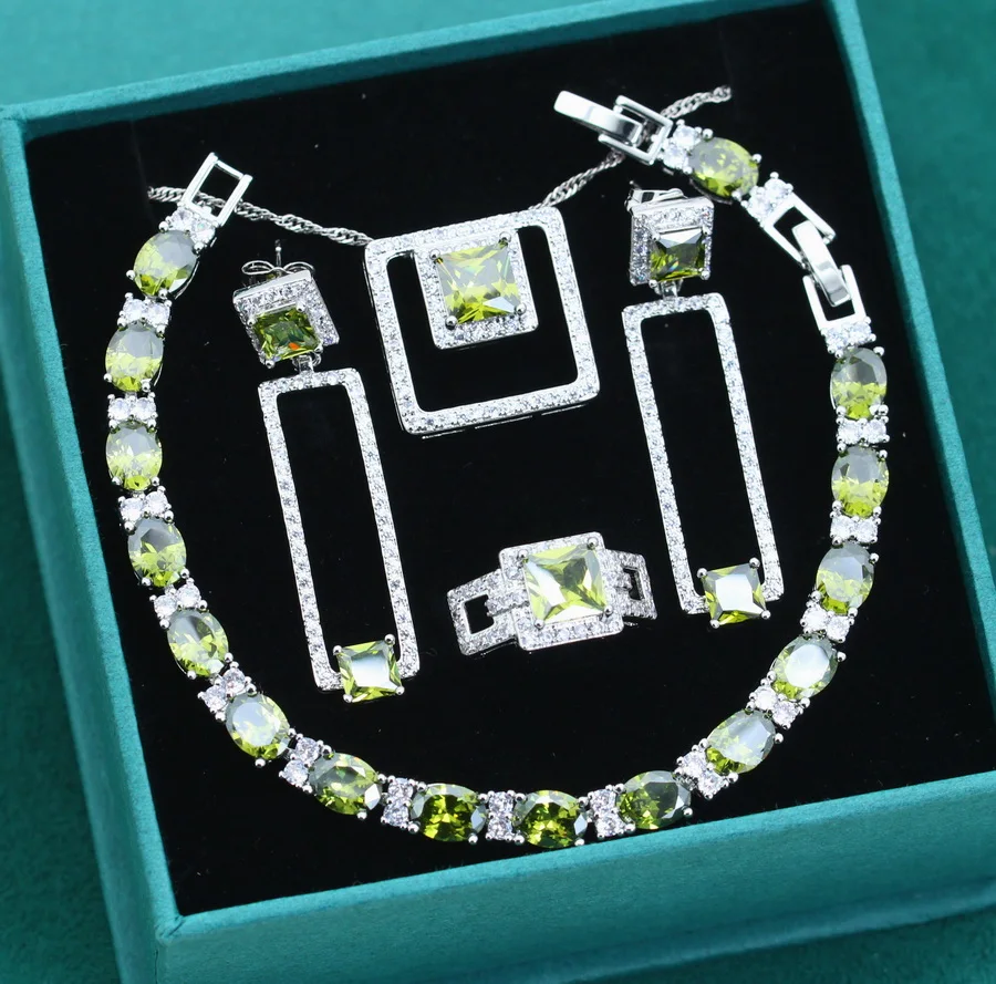 Geometrically Olive Green Stone 925 Silver Wedding Jewelry Sets Inlay For Women Earrings Rings Bracelet Necklace Set Day Gift