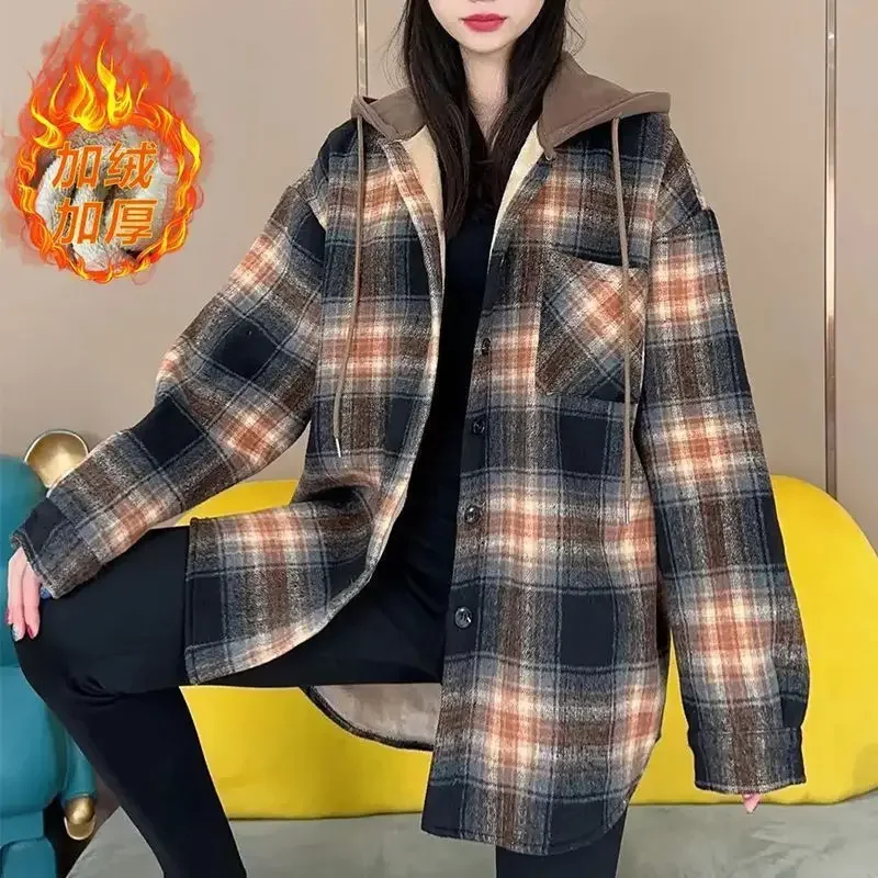 

Autumn and Winter Loose Warm Design Loose Jacket Women's Thickened Hooded Plaid Shirt