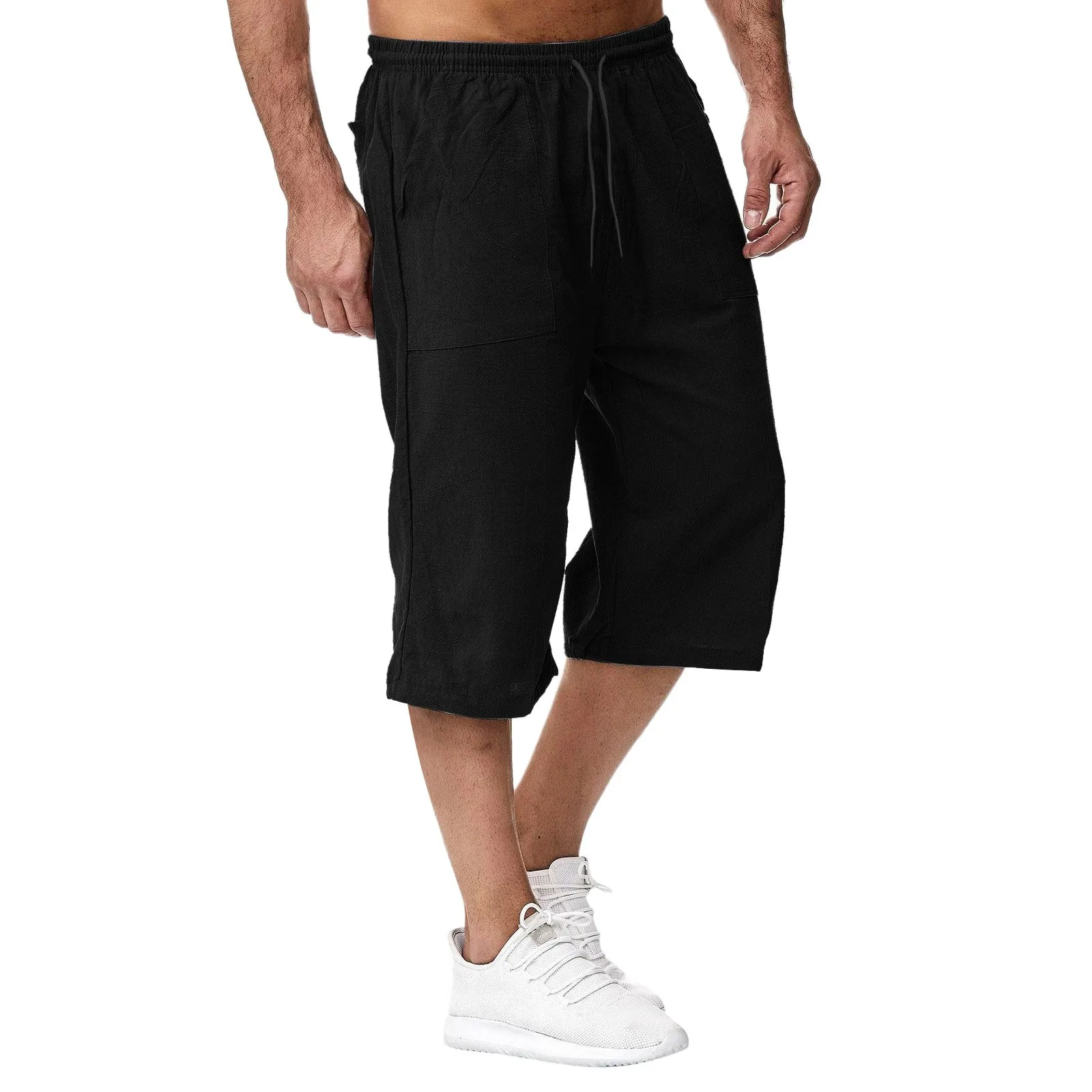 Men\'s Cotton Linen Cropped Pants Drawstring Pocket Sweatpants Sport Jogging Casual Long Pants Beach Breathable Capri Trousers