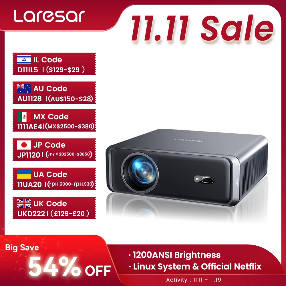 

Laresar A1 Projector 4K 1000ANSI Netflix Officially Native 1080P Android TV Auto Focus/Keystone WiFi6 BT5.2 Dolby Home Cinema