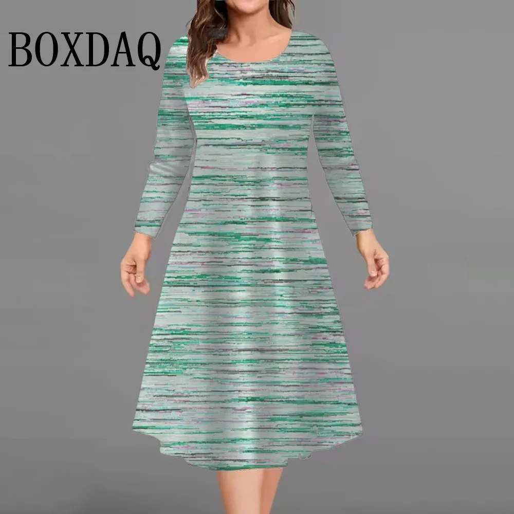 Jesienne Retro Sukienki z Długim Rękawem Damskie Sukienki Tie Dye w Paski z Nadrukiem Codzienna Sukienka z Okrągłym Dekoltem Luźna Mini Sukienka Plus Size 9XL