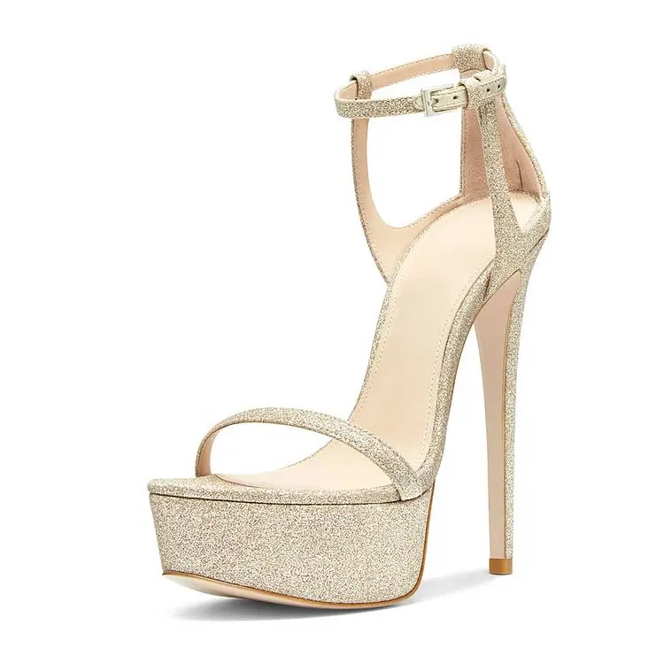 

Champagne Glitter Buckled Ankle Strap Platform Heeled Sandals