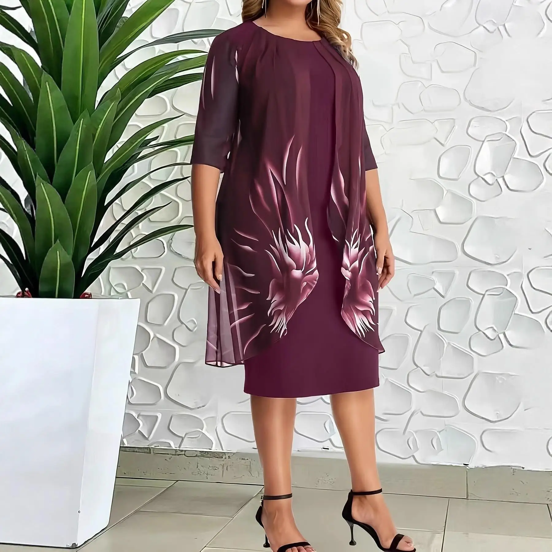 

Casual Printed Dr round Ne Midi Sve Women's Dr Comfortable Loose Fit Casual Sle Polyester Fiber A-Line Skirt