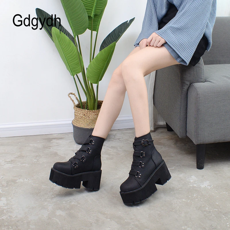 Gdgydh Spring Platform Boots Woman Chunky Heel Punk Gothic Boots Lace Black Brown Ankle Boots Women Comfortable Leather