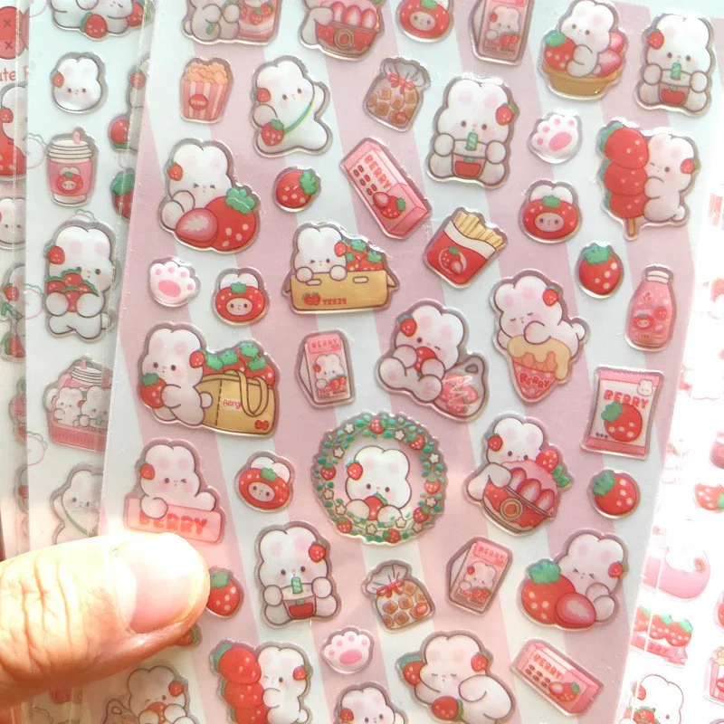 4 قطع من ملصقات الديكور الكرتونية للأطفال على شكل أرنب الفراولة الوردية اللطيفة من إيبوكسي كريستال - متجر عوالم الرسوم المتحركة اللامع المثالي