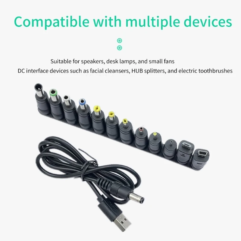 Universal USB to 5V DC Power Cord Charging Cable 5.5x2.1mm Jack With 12 Interchangeable Plug Adapter Micro USB Mini USB DC Plug