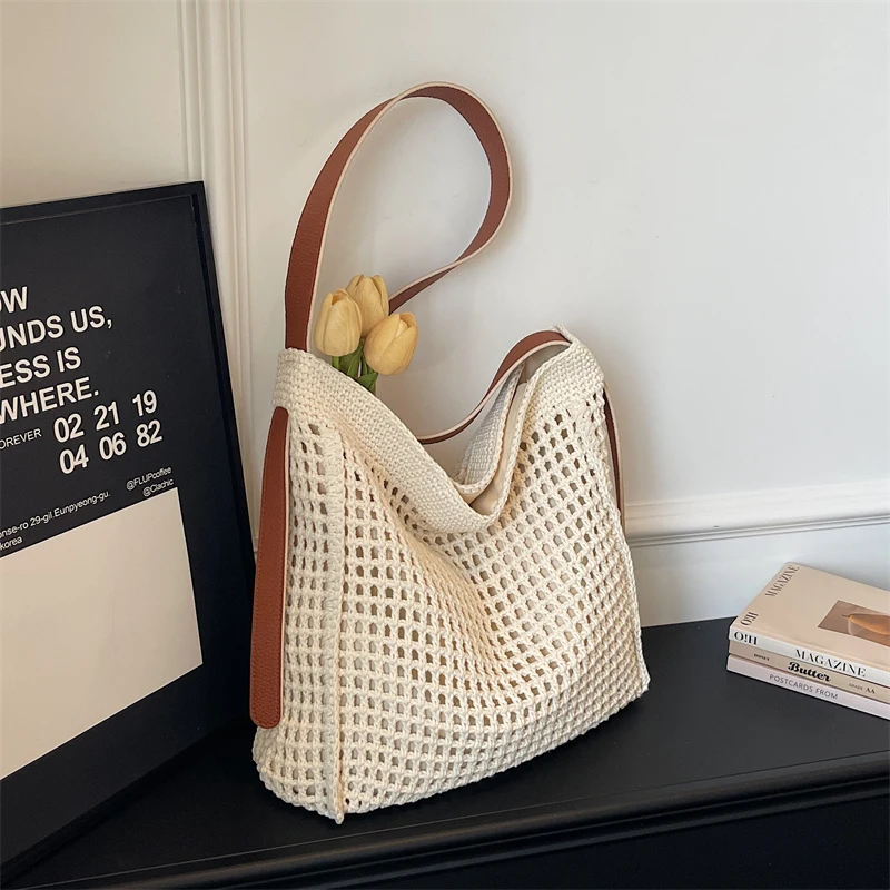 

Женская вязаная сетчатая сумка-тоут с отделкой из искусственной кожи, регулируемым ремнем, в минималистичном стиле, повседневная, для пляжа и шопинга, сумка через плечо 2026