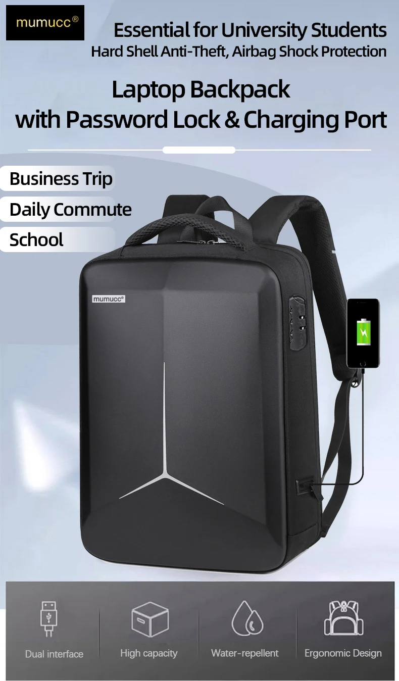 MUMUCC Hard EVA Shell Laptop Backpack Shockproof USB Type C Charging Anti Theft Password Lock Travel Backpack with Luggage Strap