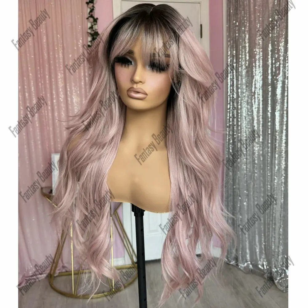 Full Lace Wigs Human Hair for White Women High Quality Ombre Light Pink With Bangs Glueless 13*3 13*6 Lace Front wigs Human Hair