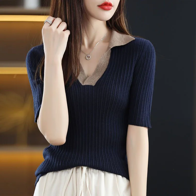 New Summer Fashion Korean Edition Contrast Polo Neck Short Sleeved Sweater Loose and Versatile Western Style Casual Knitted Top