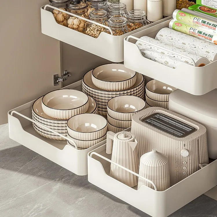 No punching kitchen pull-out rack under sink pull basket cabinet slide rail drawer storage box seasoning