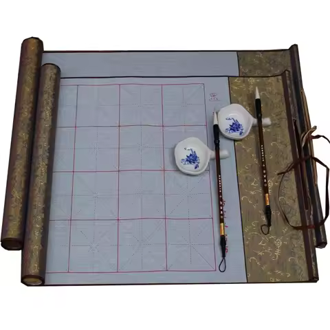 Chinese Calligraphy Water Writing Cloth Set, Reusable Xuan Paper Style, with Grid Lines, Brush &amp; Water Dish for Beginners/Kids/