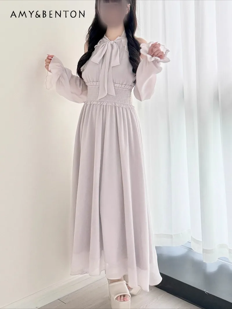 

Elegant Princess Dress Japanese Mine Series Mass-Produced Off-Shoulder Long Sleeve Round Neck High Waist Mid-Length Dress Women