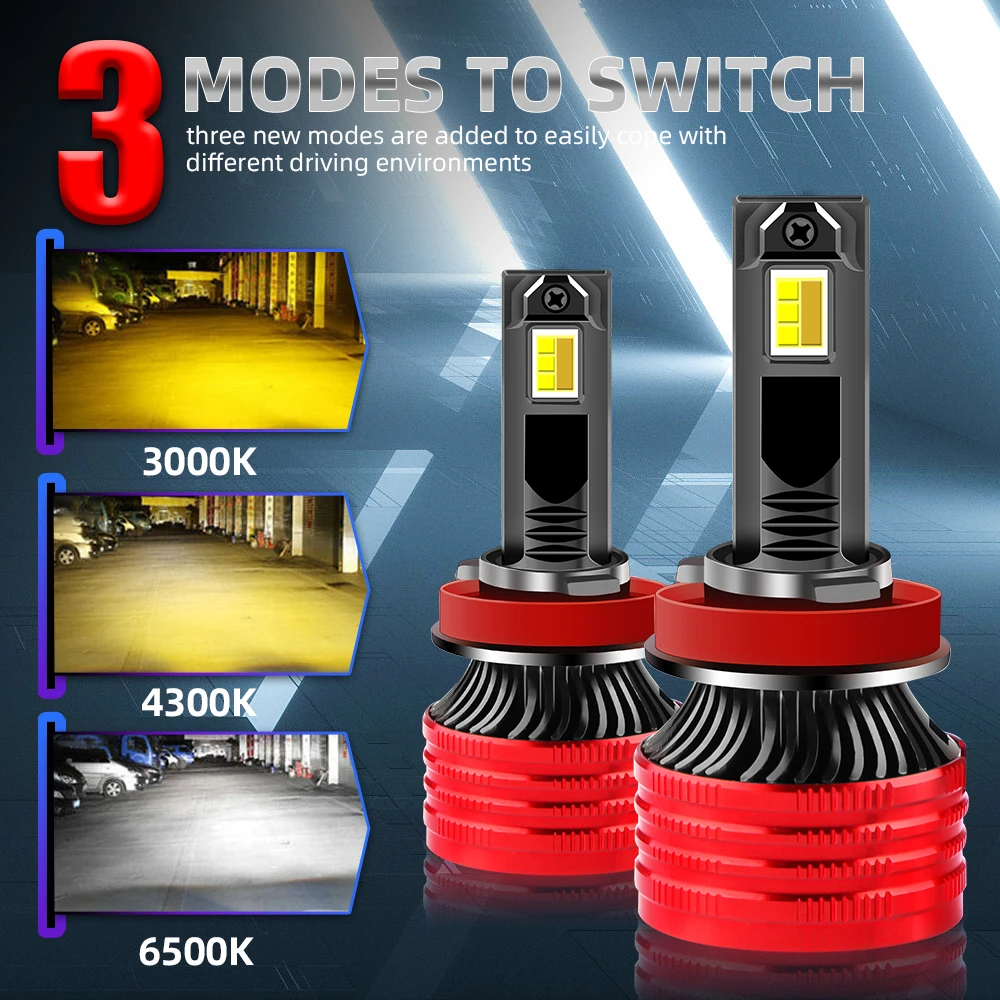 2pcs Car Headlight Bulbs H4 H7 Led 25000LM H1 H3 H11 H8 H9 H11 9005 9006 9012 HB4 3 Color Change 3000K 4300K 6500K Auto Fog Lamp