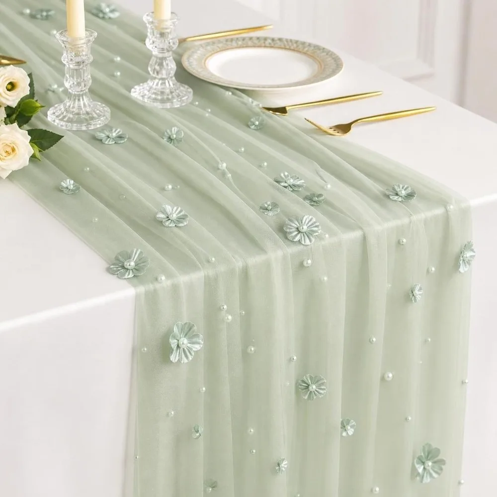 75*300CM Tulle Table Runner Polyester Semi-Transparent Floral Table Runner Romantic Vintage Sheer Table Cover