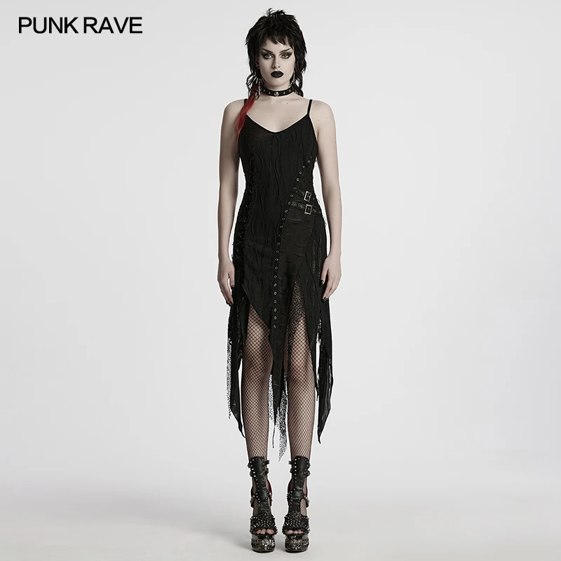 PUNK RAVE Women's Goth Irregular Sharp Split Dress Gothic Beauty Side Lace Ties Eyelets Staggered Design Club Black Sexy Dresses
