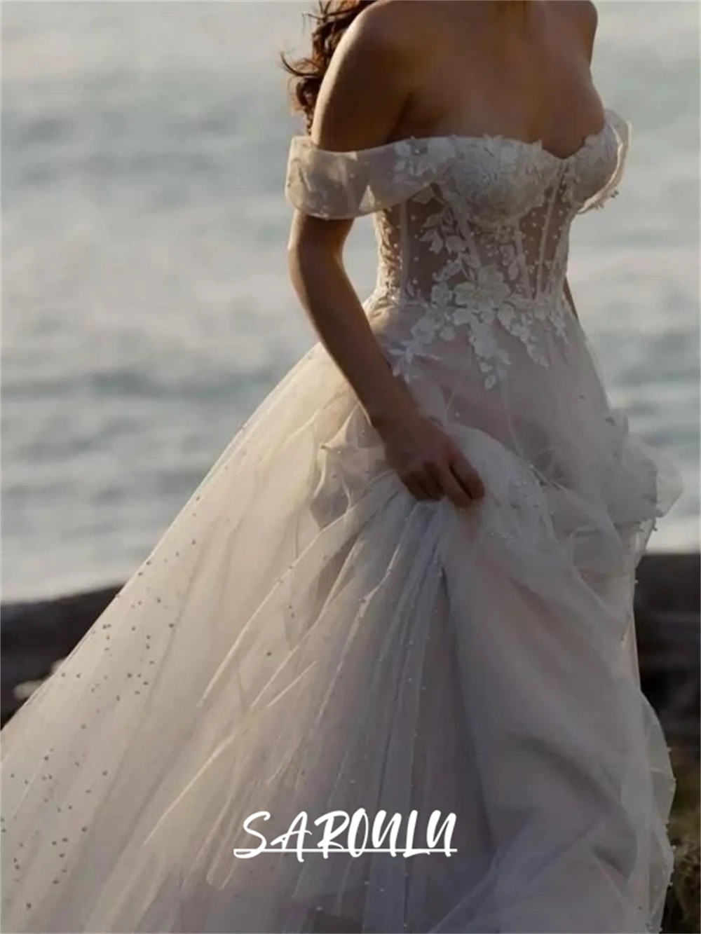 

Romantic Beach Wedding Dress, Customized Long Tulle Bride Dresses, Off Shoulder Sleeves, Sweetheart , Court Train Bridal Gown